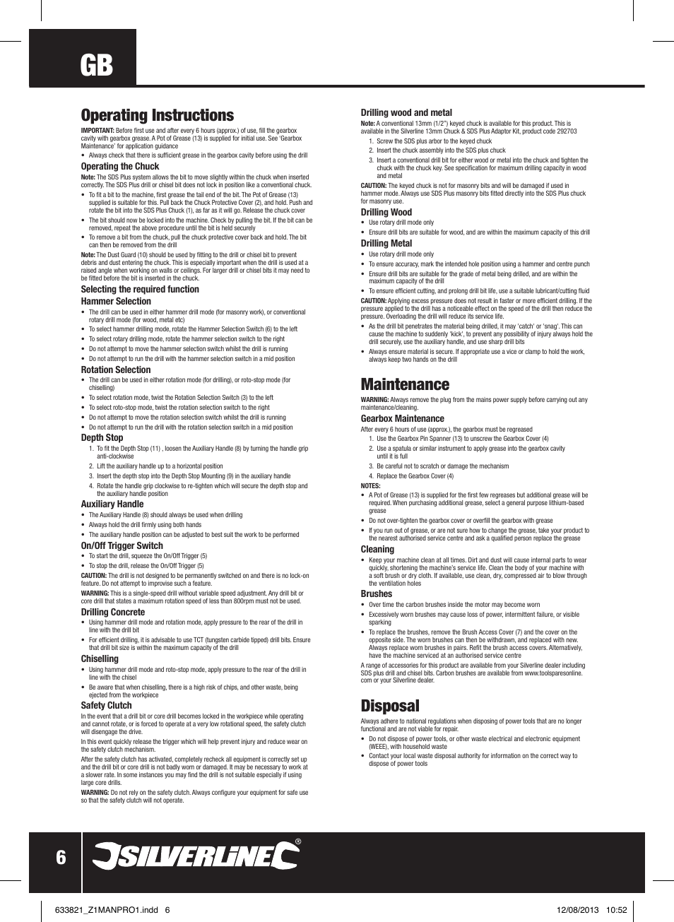Operating instructions, Maintenance, Disposal | Silverline 850W SDS Plus Hammer Drill User Manual | Page 7 / 28