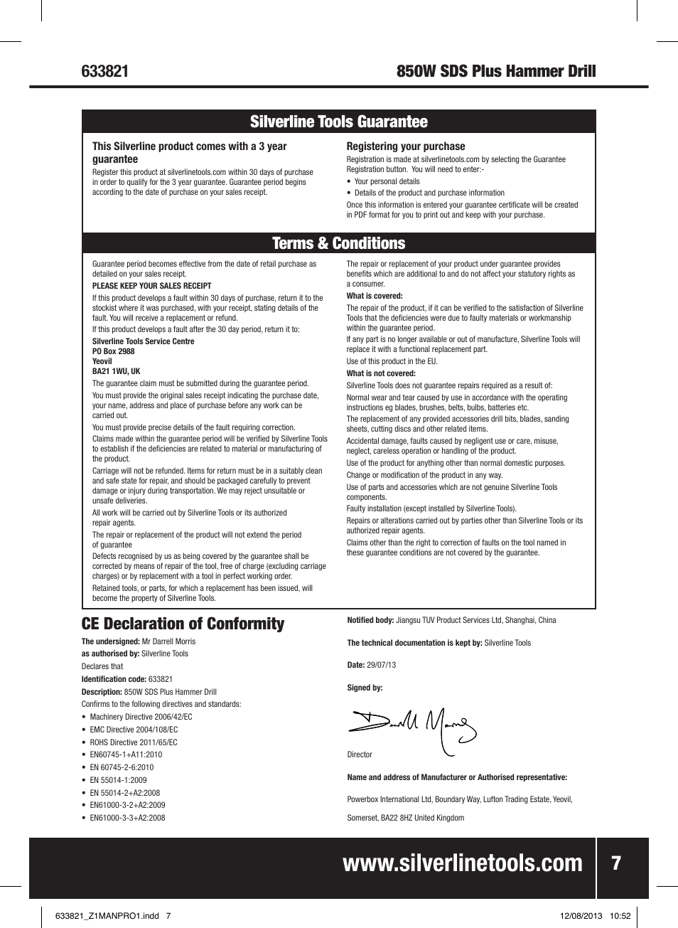 Ce declaration of conformity | Silverline 850W SDS Plus Hammer Drill User Manual | Page 8 / 28