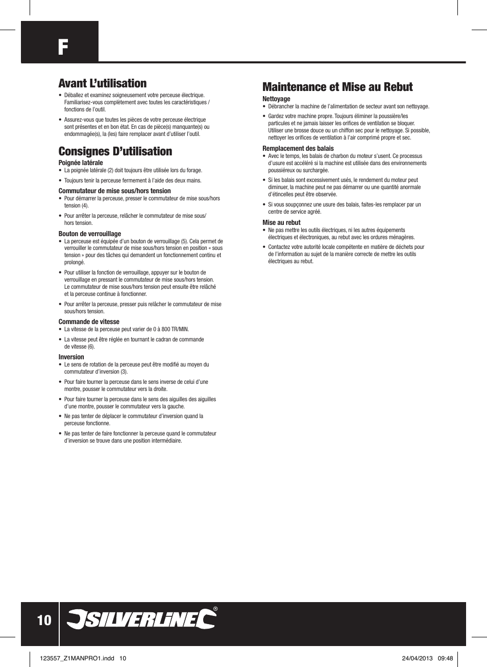 Avant l’utilisation, Consignes d’utilisation, Maintenance et mise au rebut | Silverline 600W Mixing Drill Low Speed User Manual | Page 11 / 28