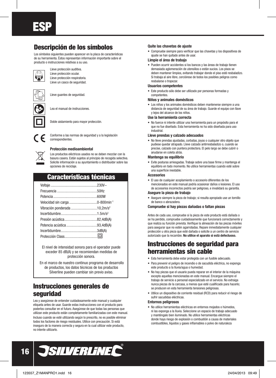 Características técnicas, Instrucciones generales de seguridad, Descripción de los símbolos | Silverline 600W Mixing Drill Low Speed User Manual | Page 17 / 28