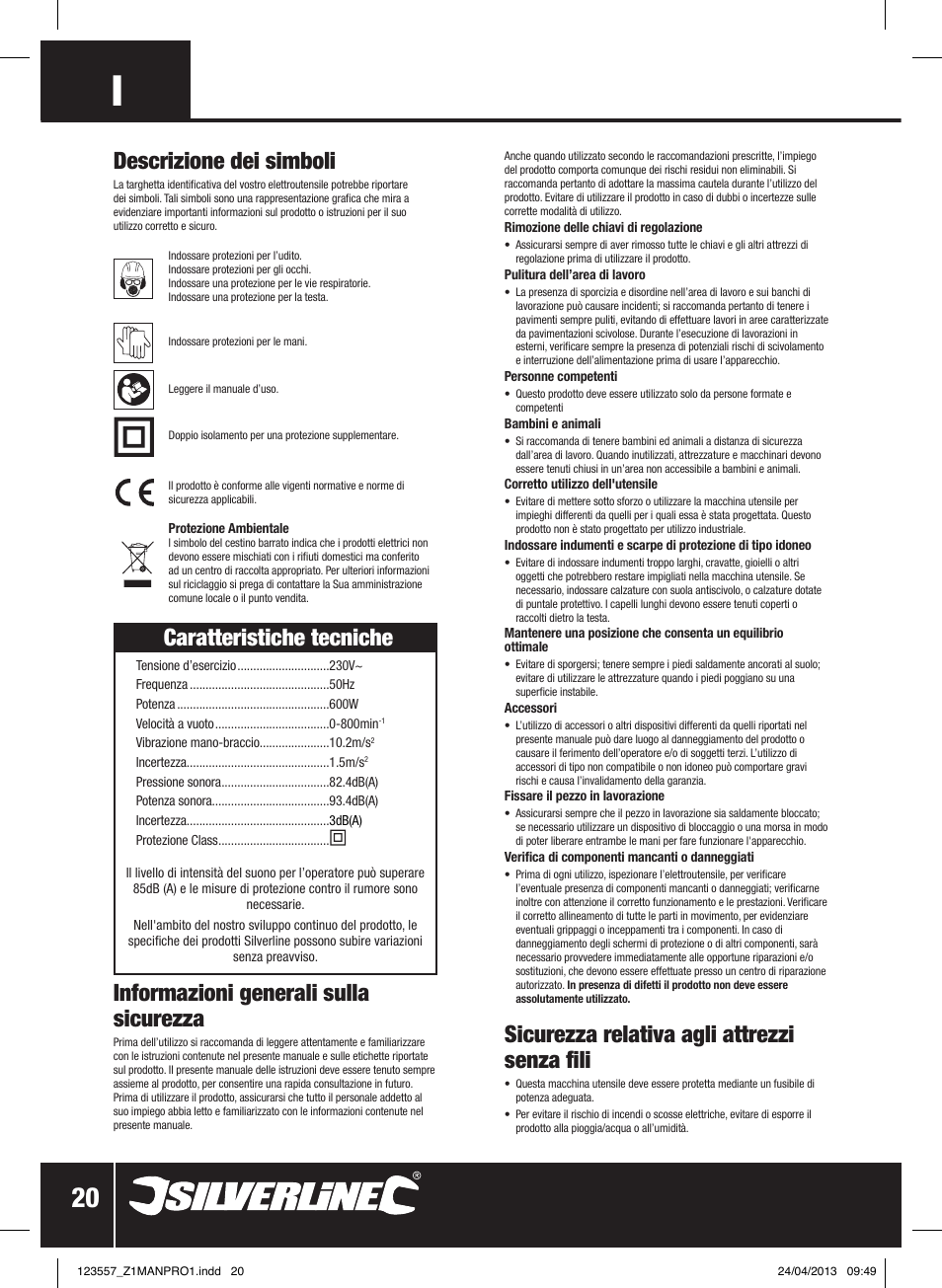 Caratteristiche tecniche, Informazioni generali sulla sicurezza, Sicurezza relativa agli attrezzi senza fili | Descrizione dei simboli | Silverline 600W Mixing Drill Low Speed User Manual | Page 21 / 28