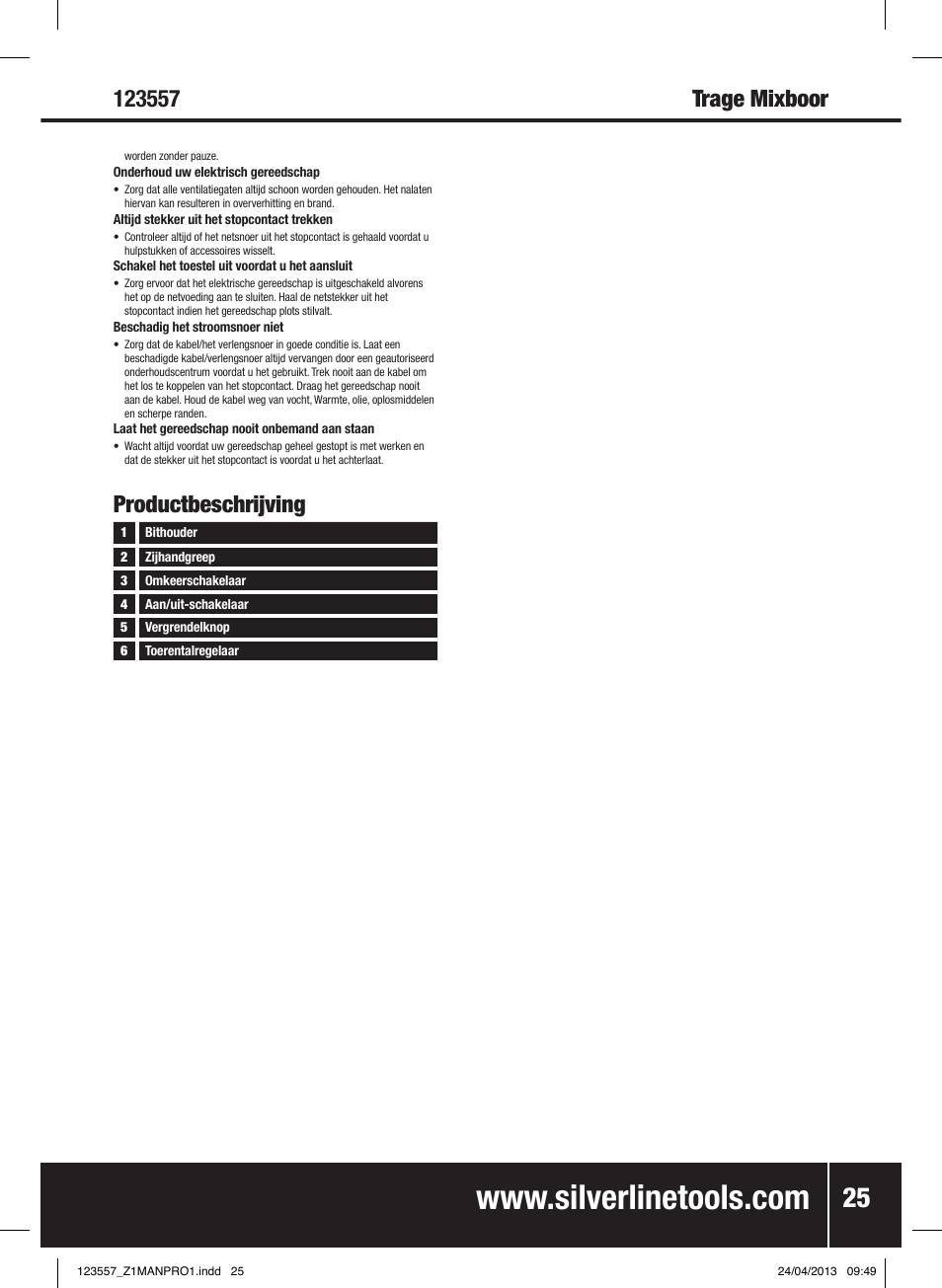 Productbeschrijving | Silverline 600W Mixing Drill Low Speed User Manual | Page 26 / 28