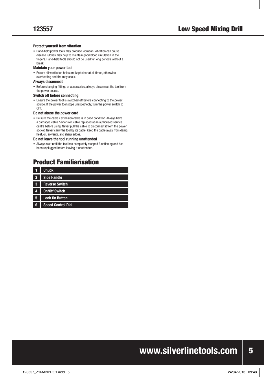 Product familiarisation | Silverline 600W Mixing Drill Low Speed User Manual | Page 6 / 28