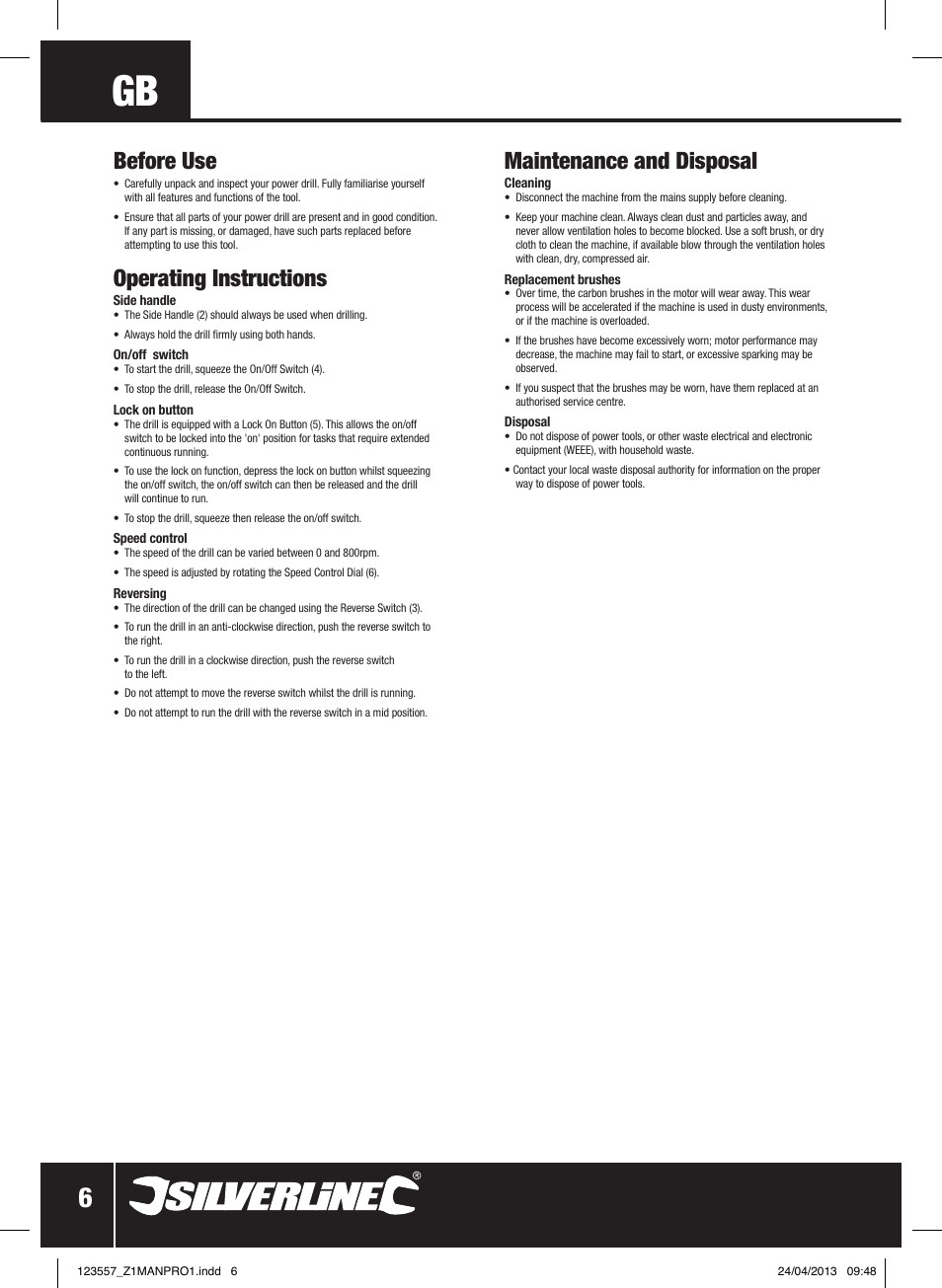 Before use, Operating instructions, Maintenance and disposal | Silverline 600W Mixing Drill Low Speed User Manual | Page 7 / 28