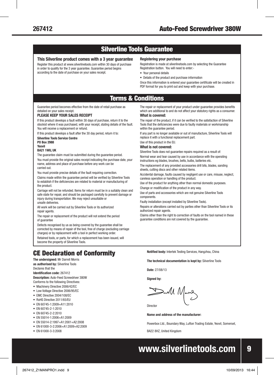 Ce declaration of conformity, Terms & conditions silverline tools guarantee | Silverline 380W Auto-Feed Screwdriver User Manual | Page 10 / 40