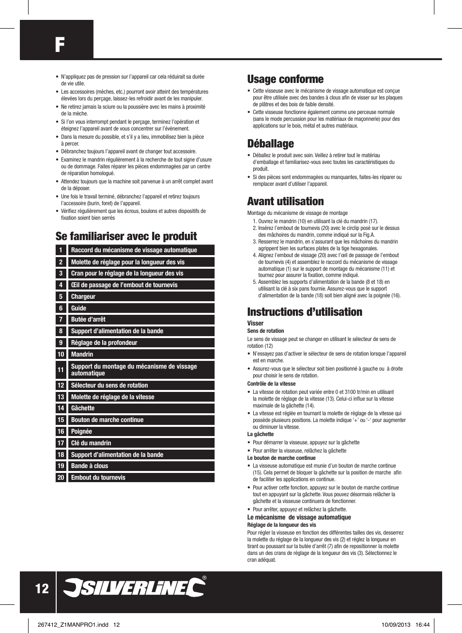 Usage conforme, Déballage, Avant utilisation | Instructions d’utilisation, Se familiariser avec le produit | Silverline 380W Auto-Feed Screwdriver User Manual | Page 13 / 40