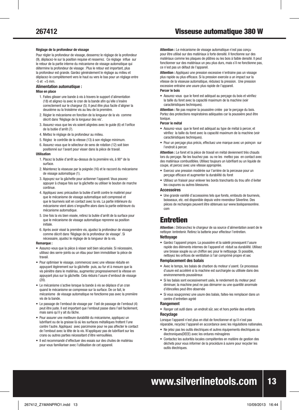 Entretien | Silverline 380W Auto-Feed Screwdriver User Manual | Page 14 / 40