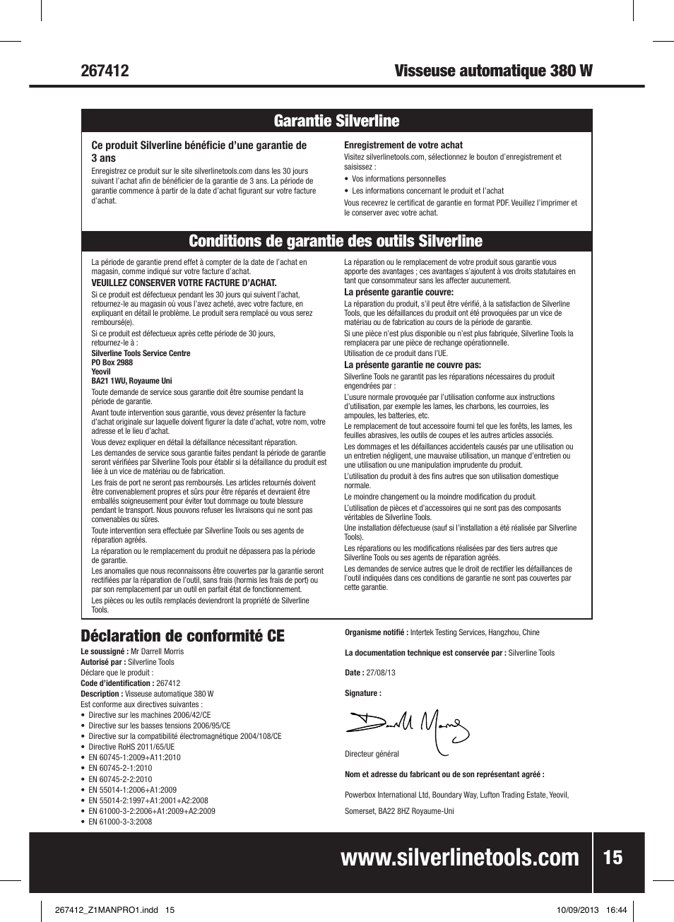 Déclaration de conformité ce | Silverline 380W Auto-Feed Screwdriver User Manual | Page 16 / 40