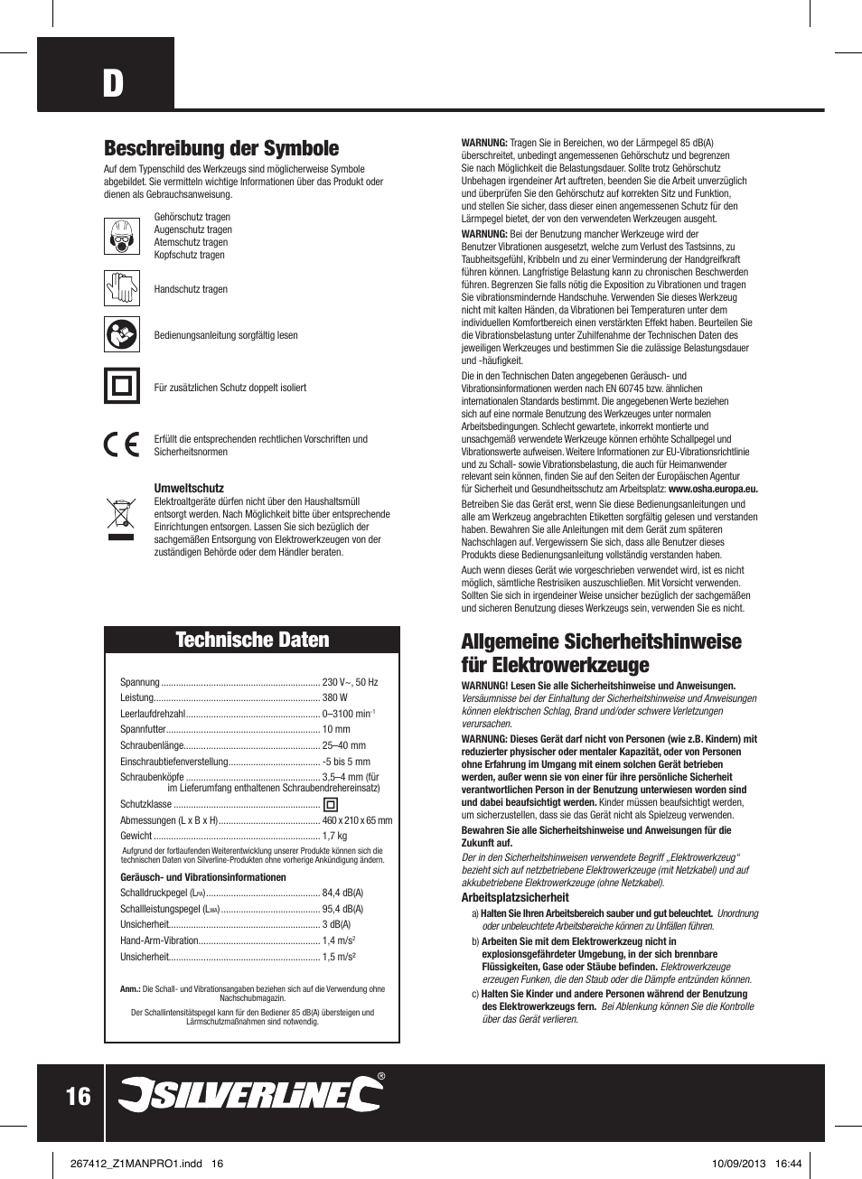 Beschreibung der symbole, Technische daten | Silverline 380W Auto-Feed Screwdriver User Manual | Page 17 / 40