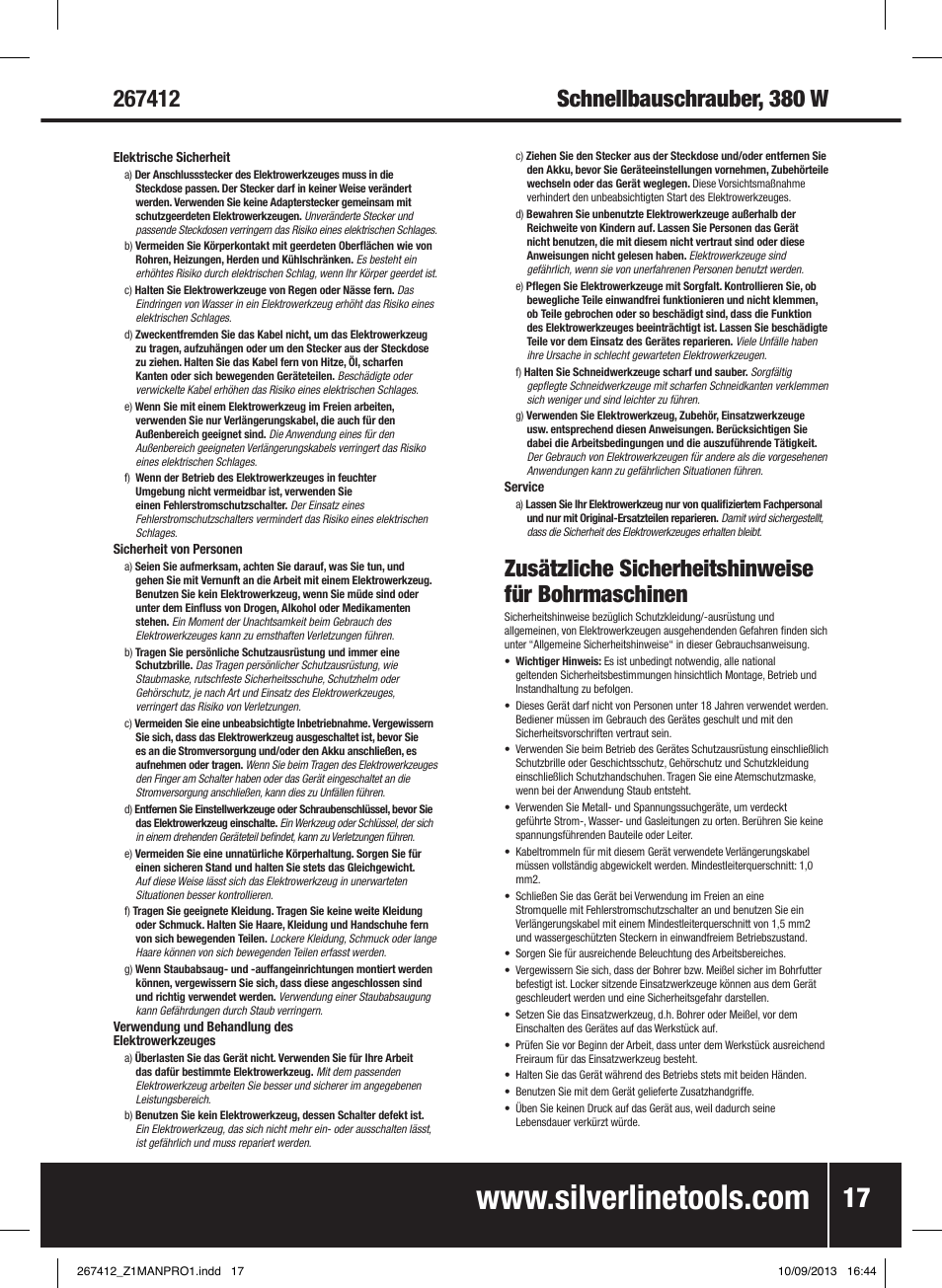 Zusätzliche sicherheitshinweise für bohrmaschinen | Silverline 380W Auto-Feed Screwdriver User Manual | Page 18 / 40