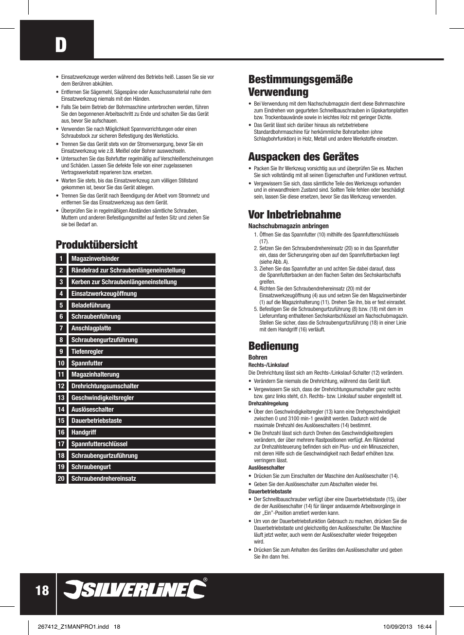 Bestimmungsgemäße verwendung, Auspacken des gerätes, Vor inbetriebnahme | Bedienung, Produktübersicht | Silverline 380W Auto-Feed Screwdriver User Manual | Page 19 / 40