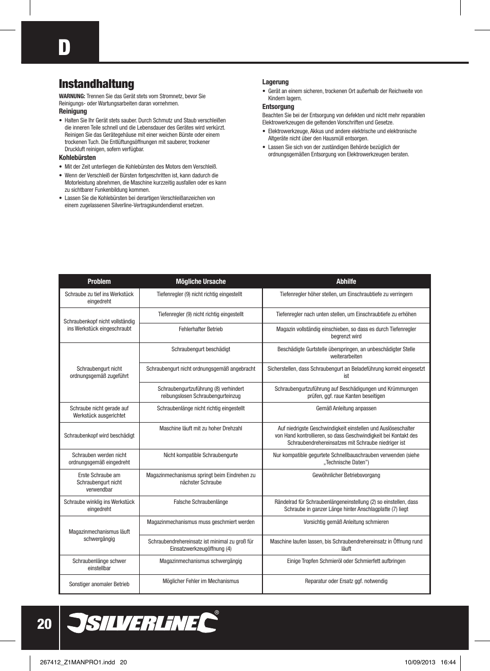 Instandhaltung | Silverline 380W Auto-Feed Screwdriver User Manual | Page 21 / 40