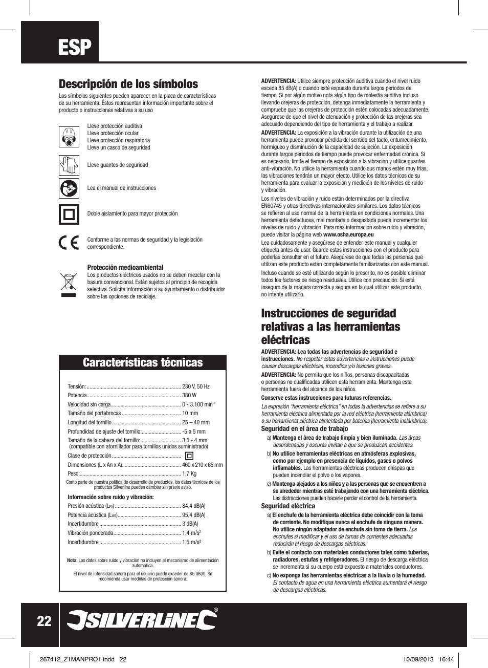 Descripción de los símbolos, Características técnicas | Silverline 380W Auto-Feed Screwdriver User Manual | Page 23 / 40