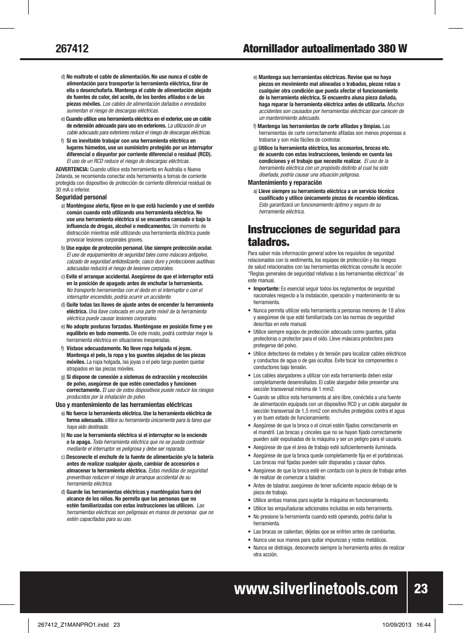 Instrucciones de seguridad para taladros | Silverline 380W Auto-Feed Screwdriver User Manual | Page 24 / 40