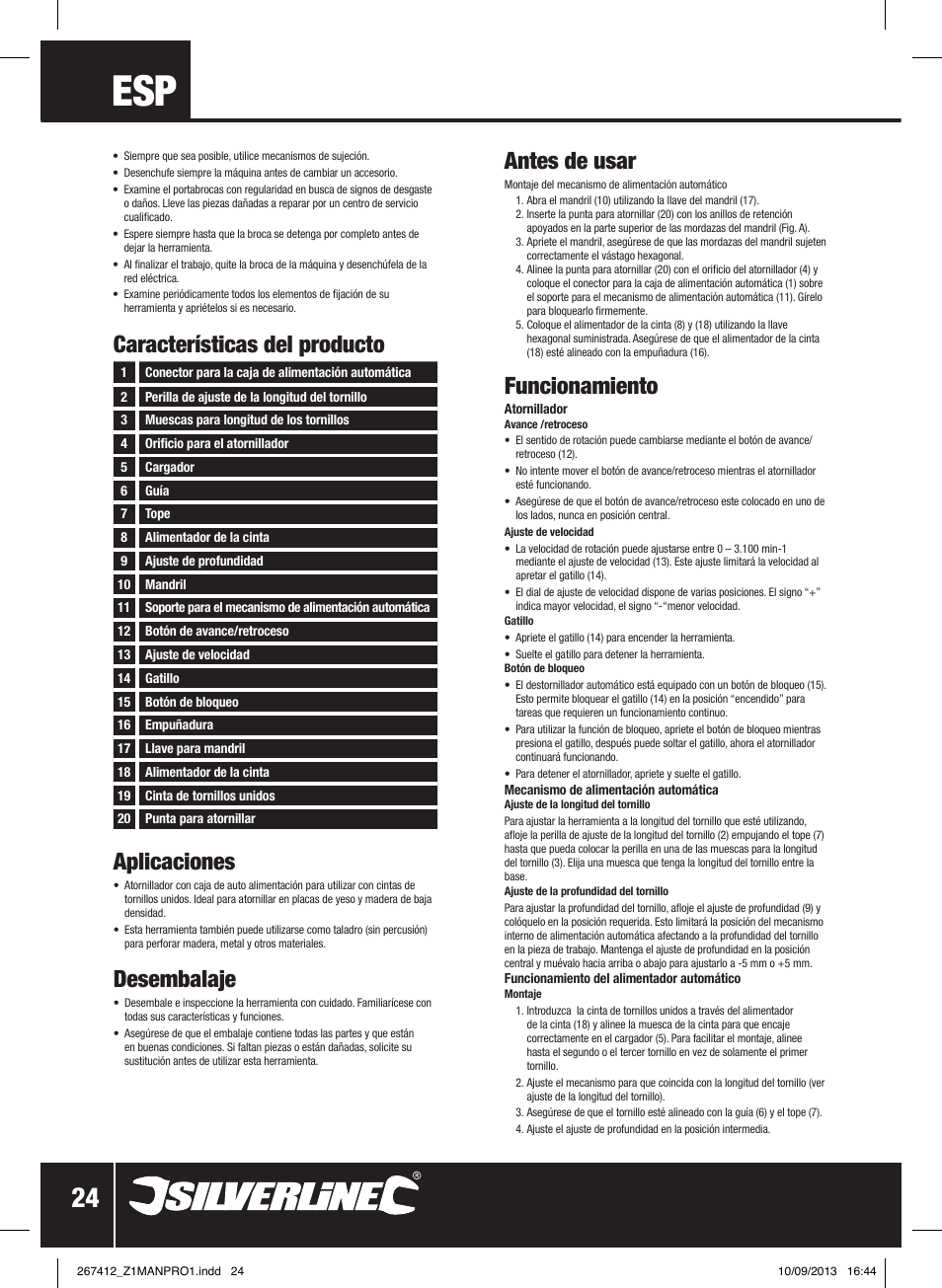 Aplicaciones, Desembalaje, Antes de usar | Funcionamiento, Características del producto | Silverline 380W Auto-Feed Screwdriver User Manual | Page 25 / 40