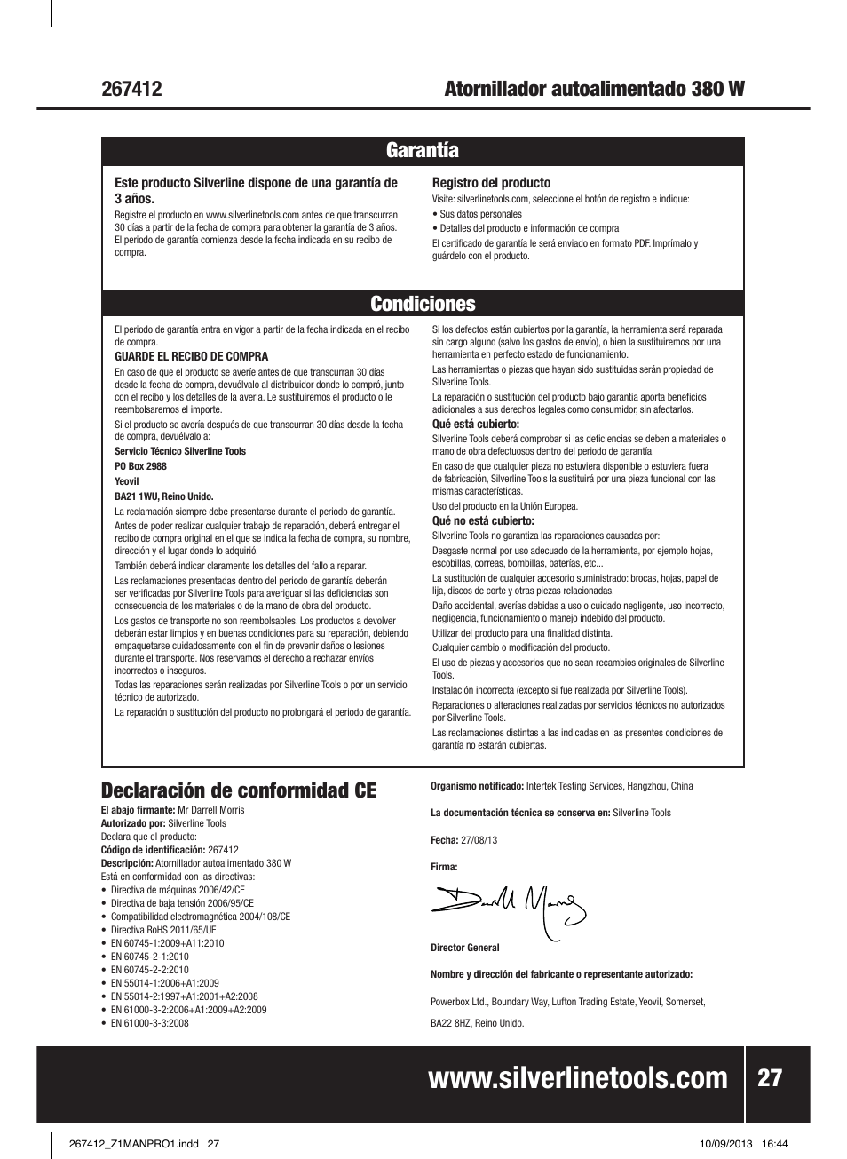 Declaración de conformidad ce | Silverline 380W Auto-Feed Screwdriver User Manual | Page 28 / 40