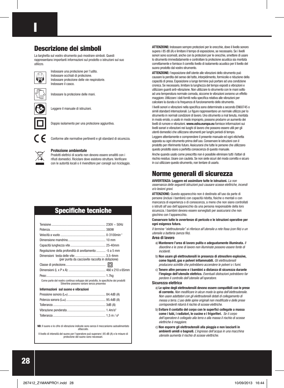Norme generali di sicurezza, Descrizione dei simboli, Specifiche tecniche | Silverline 380W Auto-Feed Screwdriver User Manual | Page 29 / 40