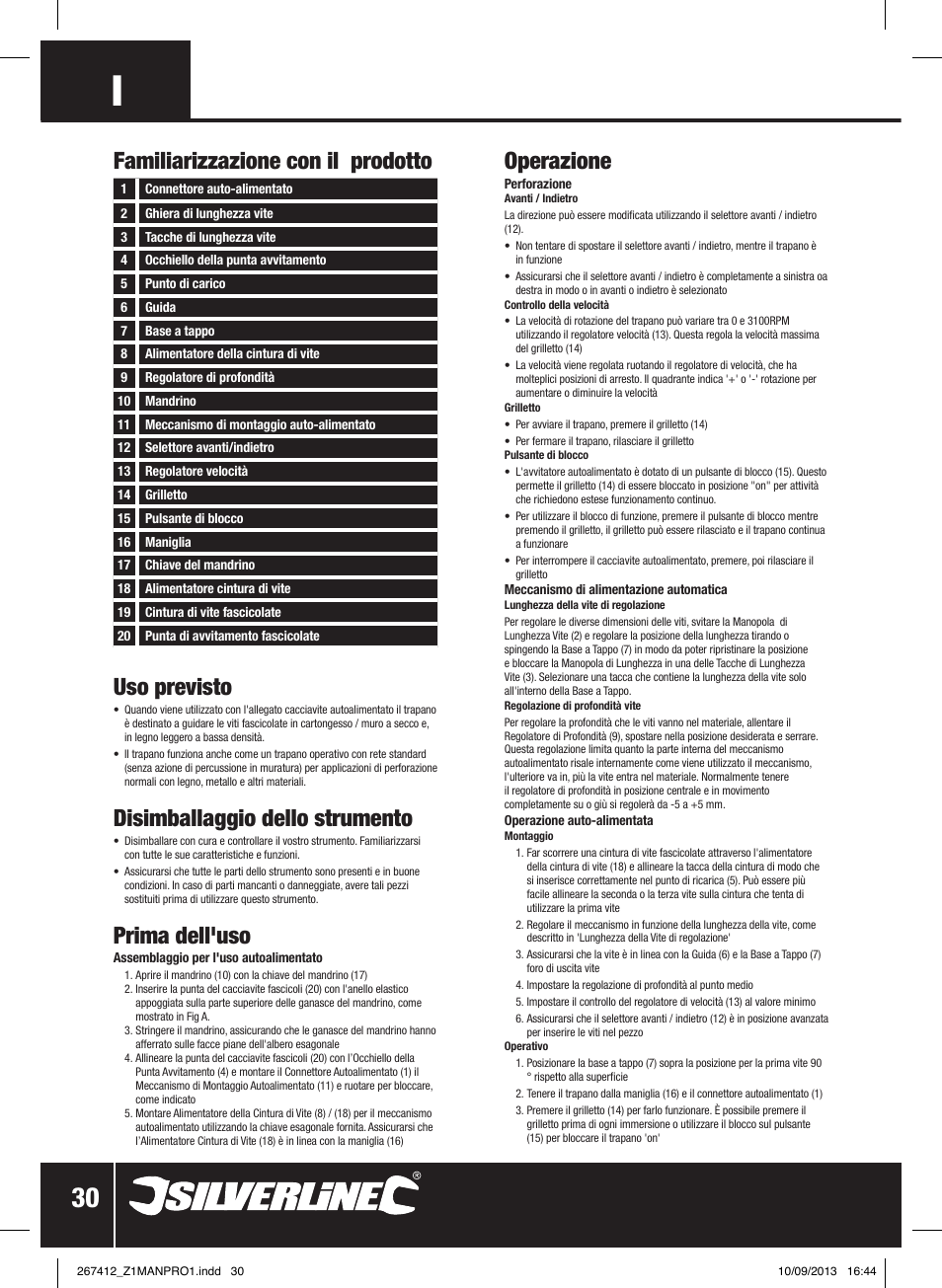 Uso previsto, Disimballaggio dello strumento, Prima dell'uso | Operazione, Familiarizzazione con il prodotto | Silverline 380W Auto-Feed Screwdriver User Manual | Page 31 / 40