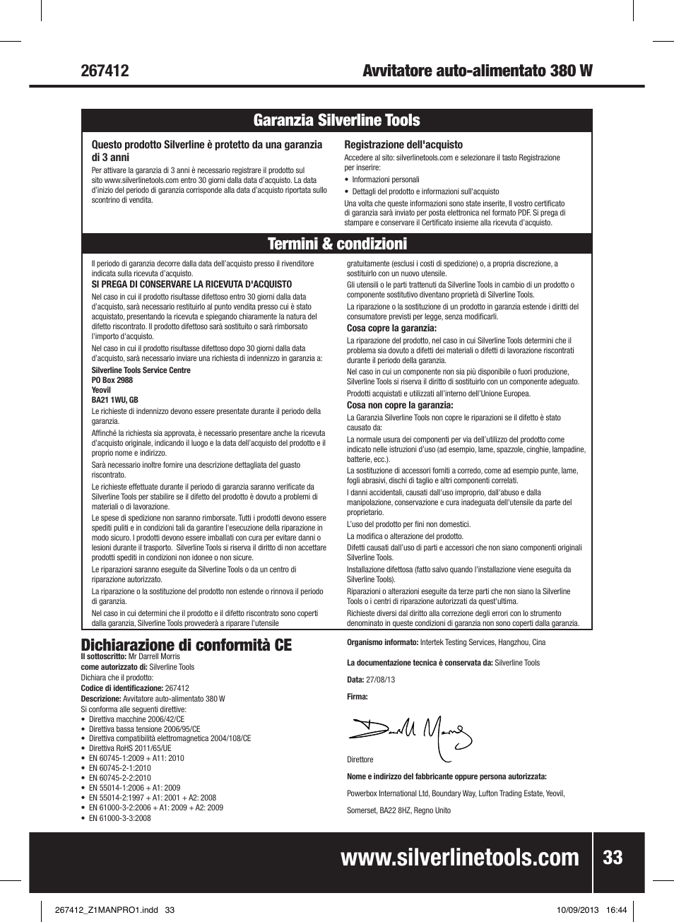 Dichiarazione di conformità ce | Silverline 380W Auto-Feed Screwdriver User Manual | Page 34 / 40