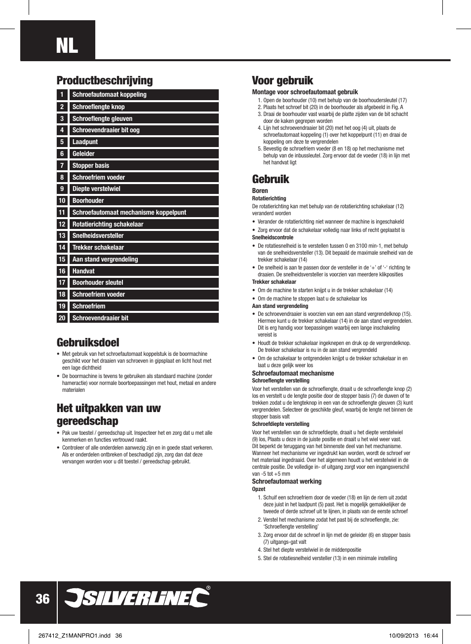 Gebruiksdoel, Het uitpakken van uw gereedschap, Voor gebruik | Gebruik, Productbeschrijving | Silverline 380W Auto-Feed Screwdriver User Manual | Page 37 / 40