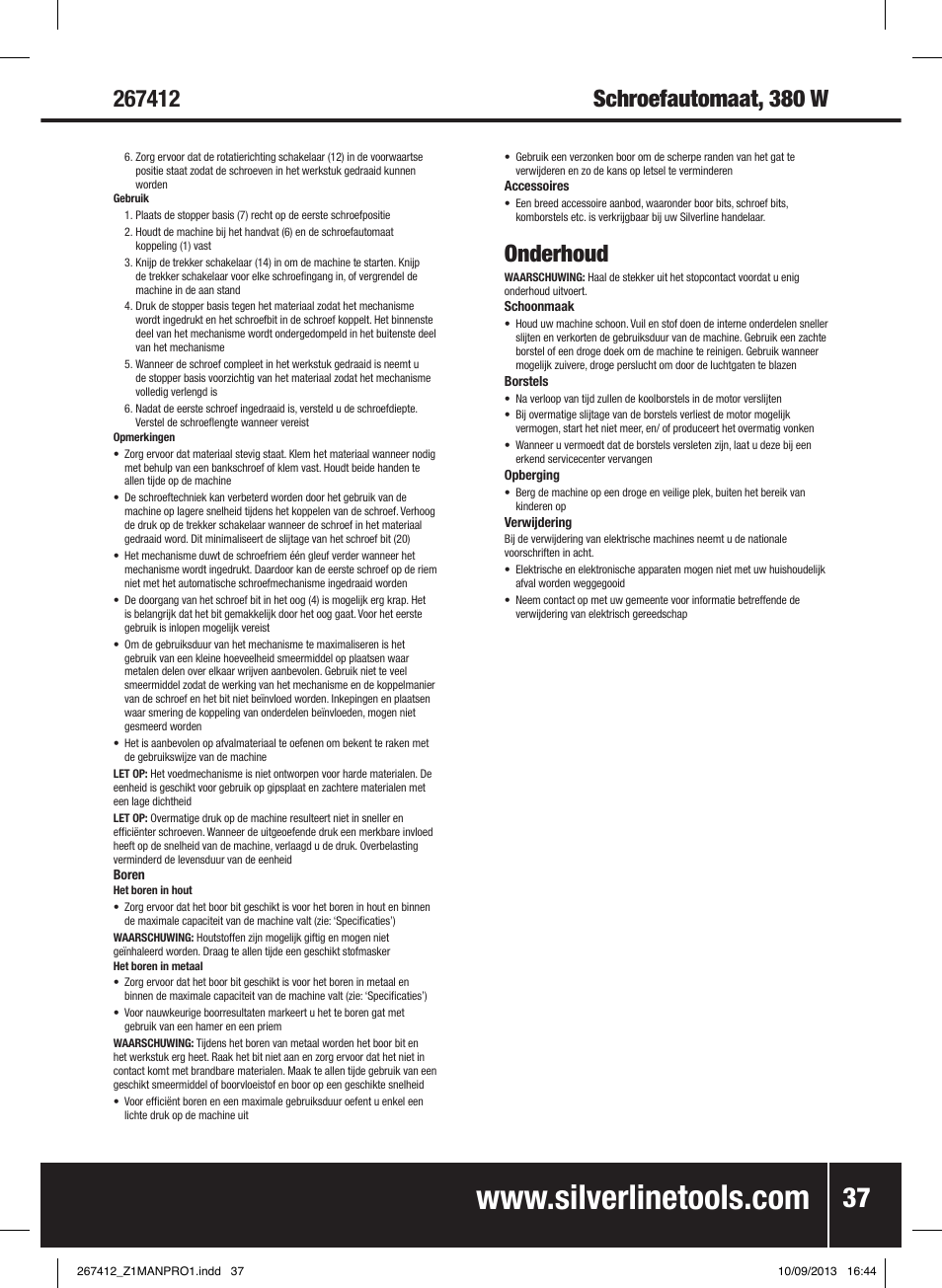 Onderhoud | Silverline 380W Auto-Feed Screwdriver User Manual | Page 38 / 40