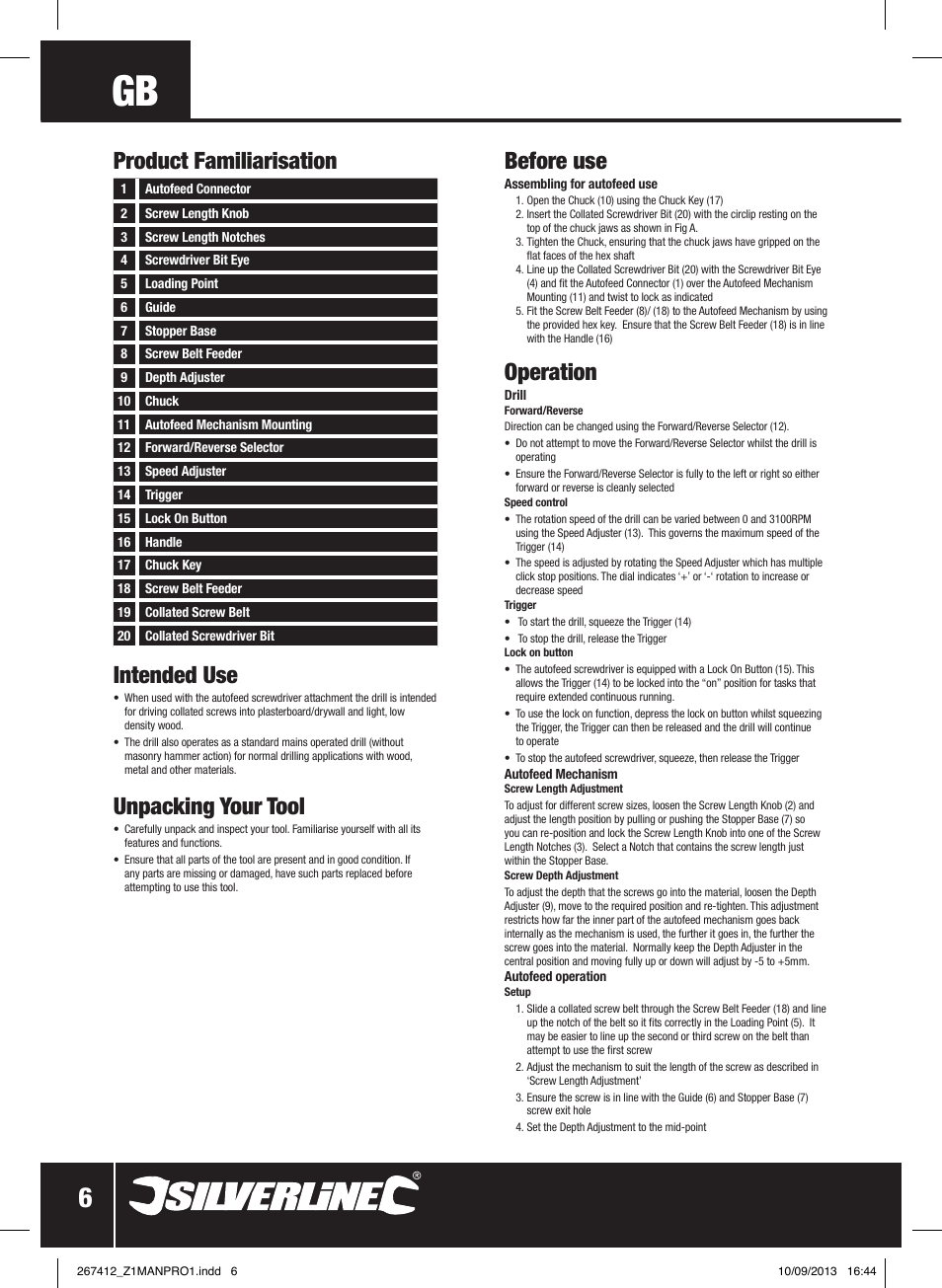 Intended use, Unpacking your tool, Before use | Operation, Product familiarisation | Silverline 380W Auto-Feed Screwdriver User Manual | Page 7 / 40