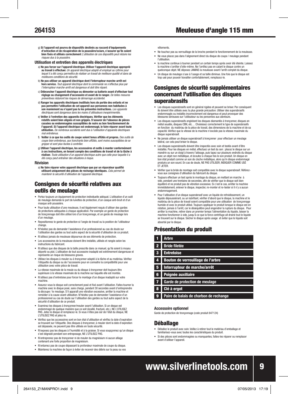 Présentation du produit, Déballage | Silverline 500W Angle Grinder 115mm User Manual | Page 10 / 28