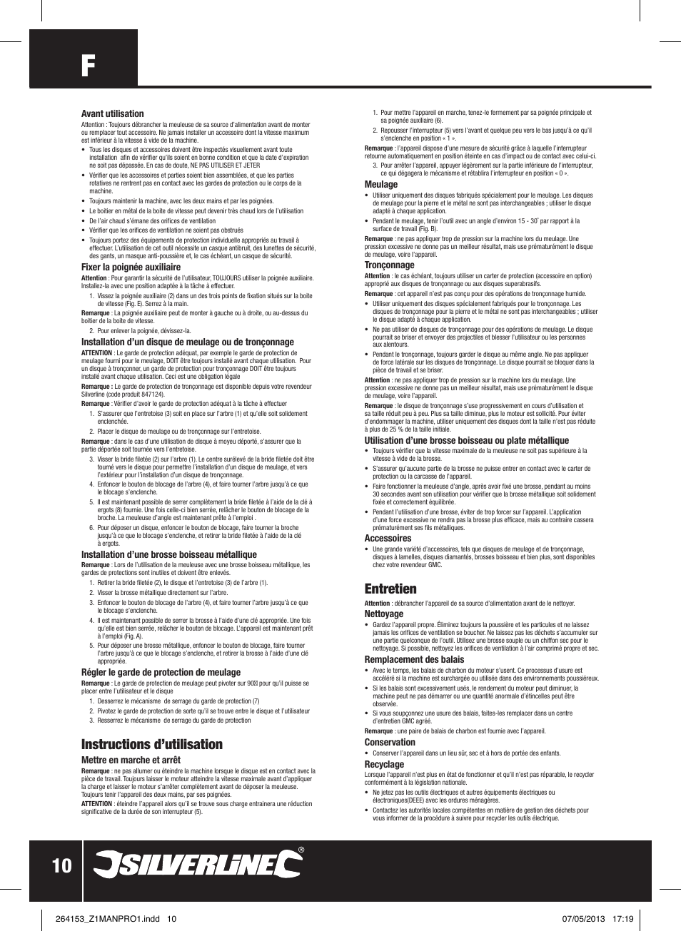 Instructions d’utilisation, Entretien | Silverline 500W Angle Grinder 115mm User Manual | Page 11 / 28