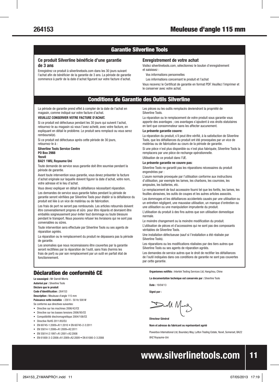 Déclaration de conformité ce | Silverline 500W Angle Grinder 115mm User Manual | Page 12 / 28