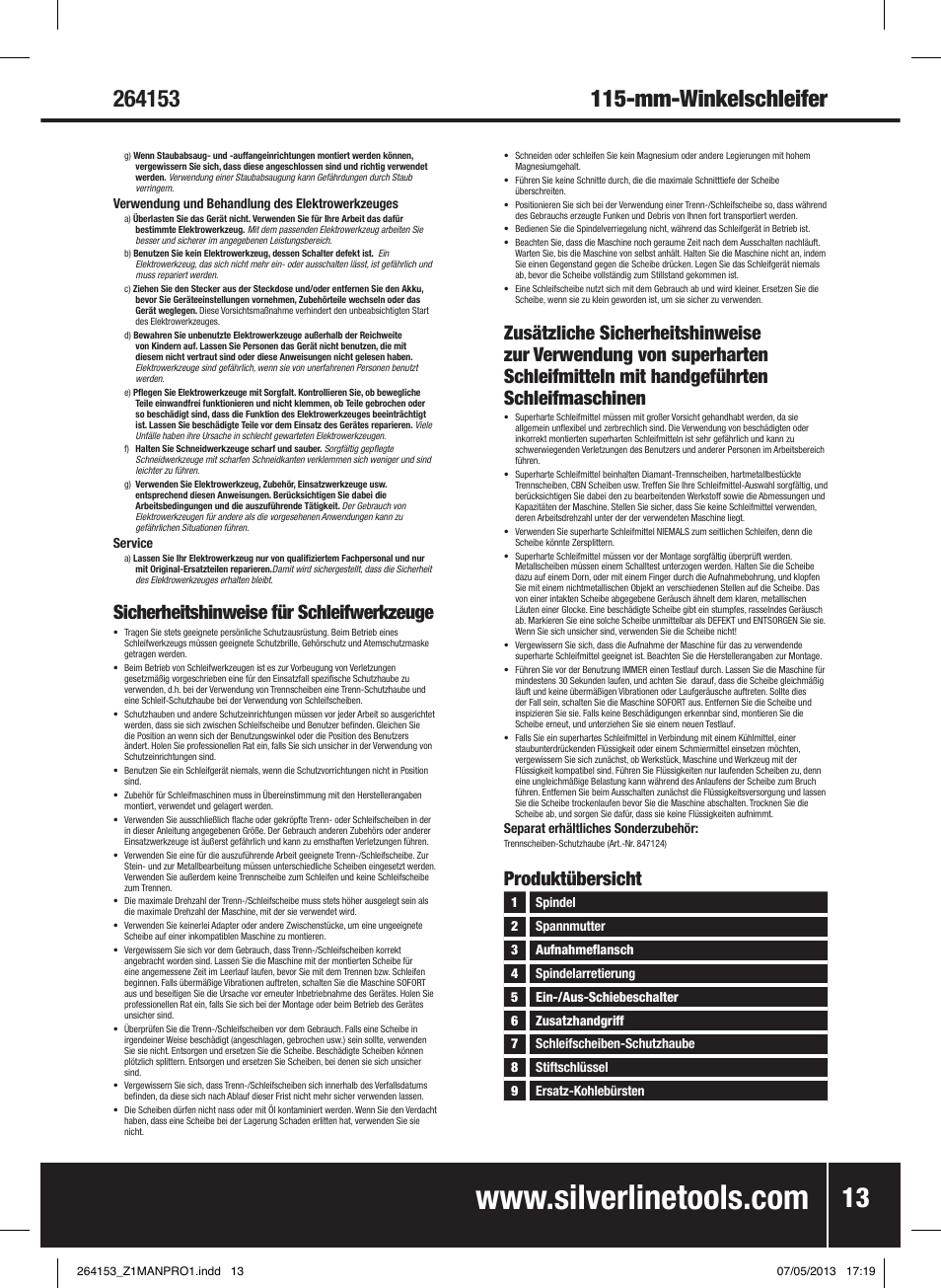 Sicherheitshinweise für schleifwerkzeuge, Produktübersicht | Silverline 500W Angle Grinder 115mm User Manual | Page 14 / 28