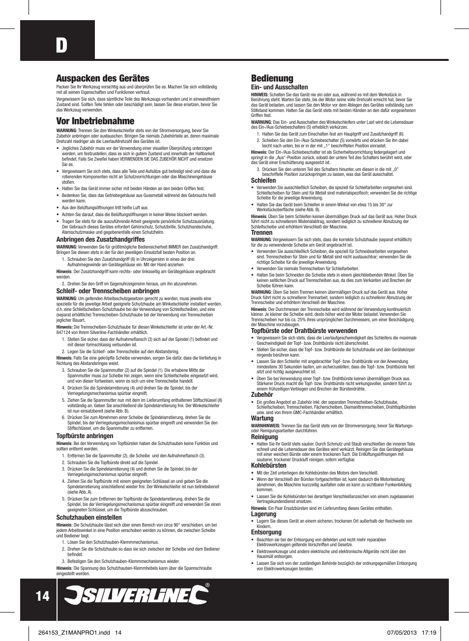 Bedienung, Auspacken des gerätes, Vor inbetriebnahme | Silverline 500W Angle Grinder 115mm User Manual | Page 15 / 28