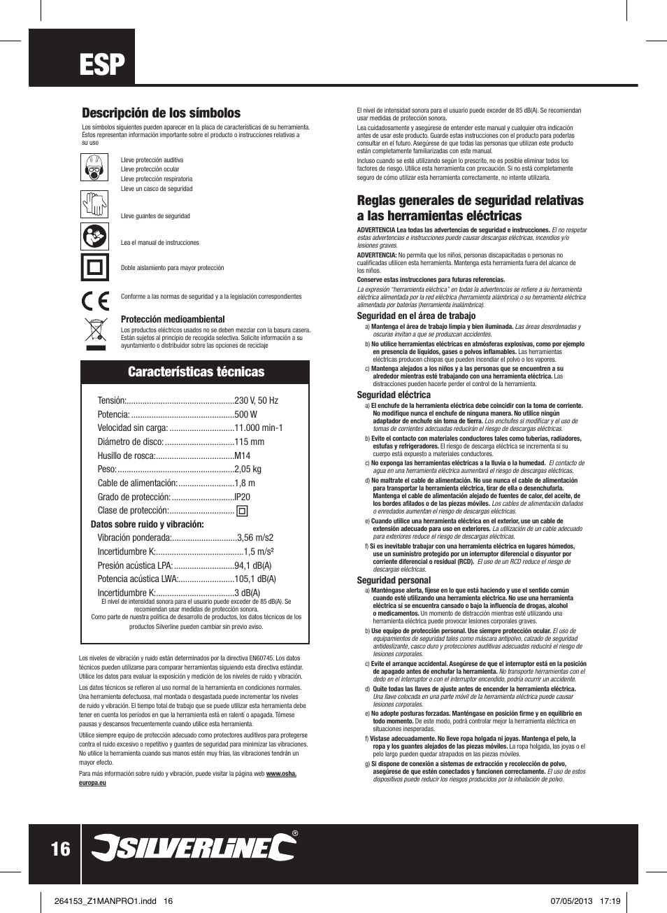 Características técnicas, Descripción de los símbolos | Silverline 500W Angle Grinder 115mm User Manual | Page 17 / 28