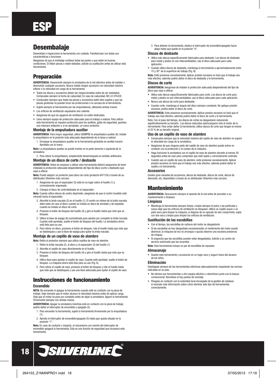 Desembalaje, Preparación, Instrucciones de funcionamiento | Mantenimiento | Silverline 500W Angle Grinder 115mm User Manual | Page 19 / 28