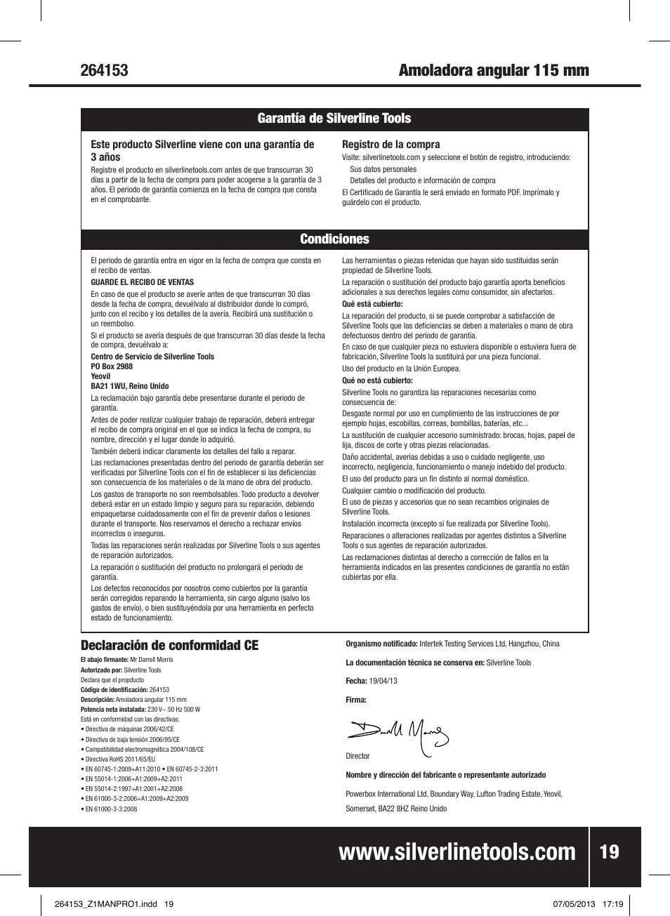 Declaración de conformidad ce, Condiciones garantía de silverline tools | Silverline 500W Angle Grinder 115mm User Manual | Page 20 / 28