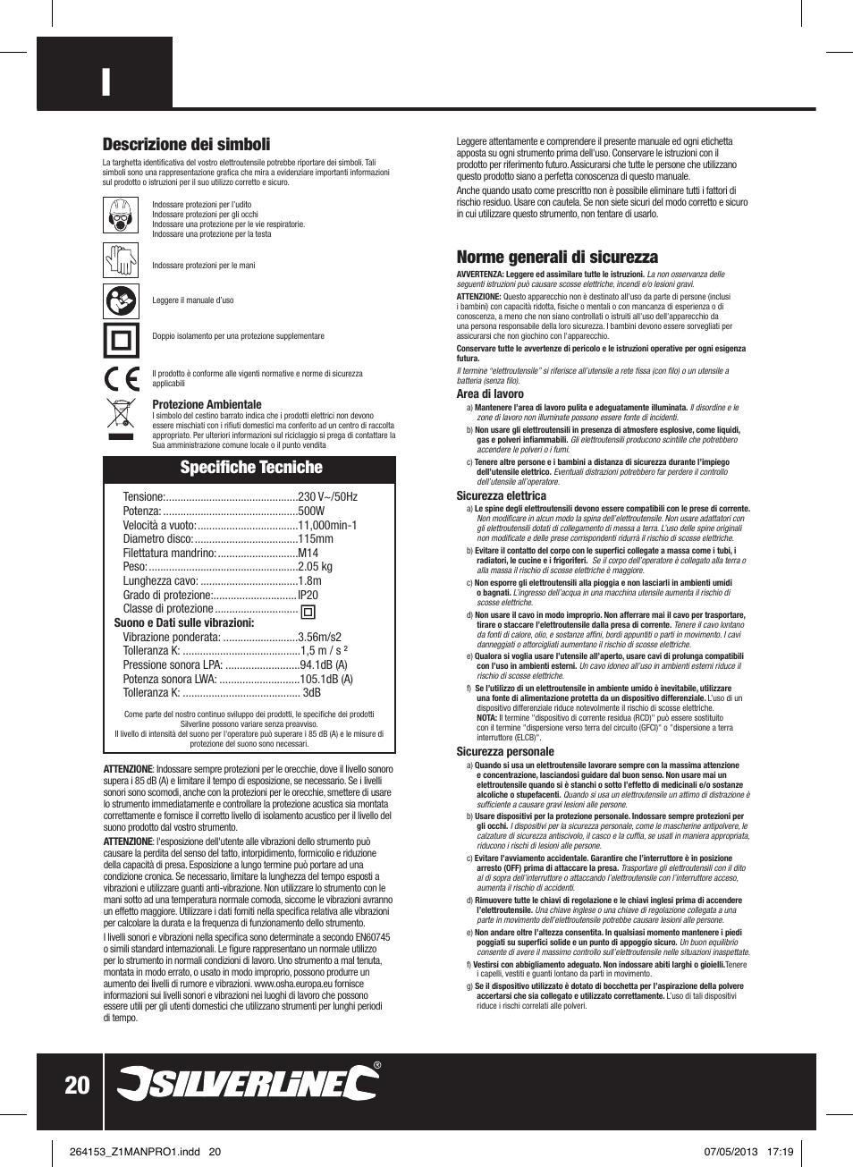 Specifiche tecniche, Norme generali di sicurezza, Descrizione dei simboli | Silverline 500W Angle Grinder 115mm User Manual | Page 21 / 28