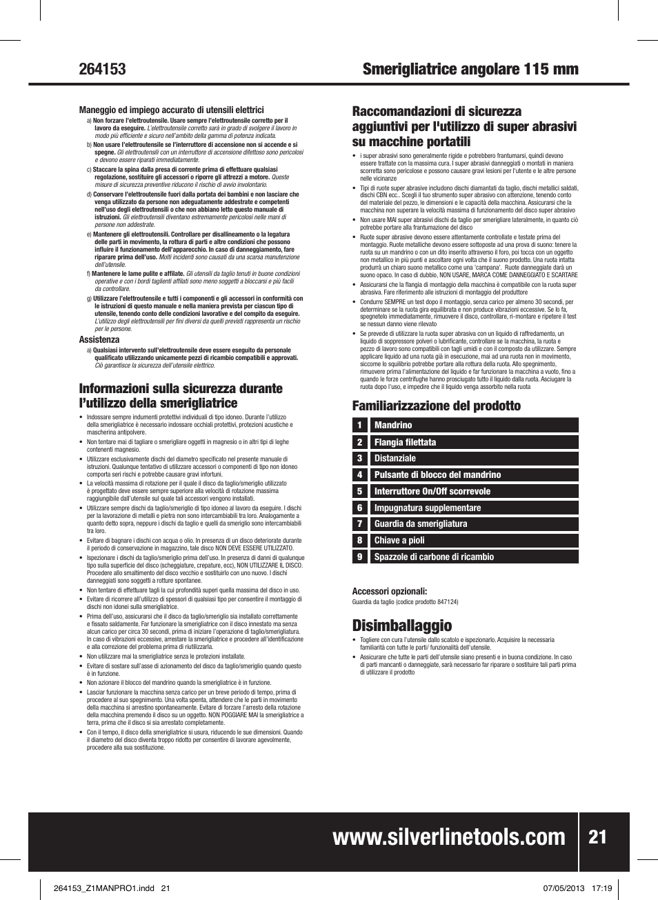Disimballaggio, Familiarizzazione del prodotto | Silverline 500W Angle Grinder 115mm User Manual | Page 22 / 28