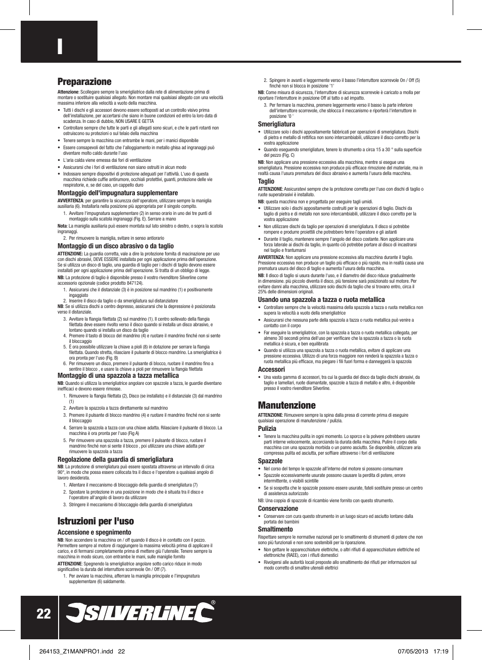 Preparazione, Istruzioni per l'uso, Manutenzione | Silverline 500W Angle Grinder 115mm User Manual | Page 23 / 28
