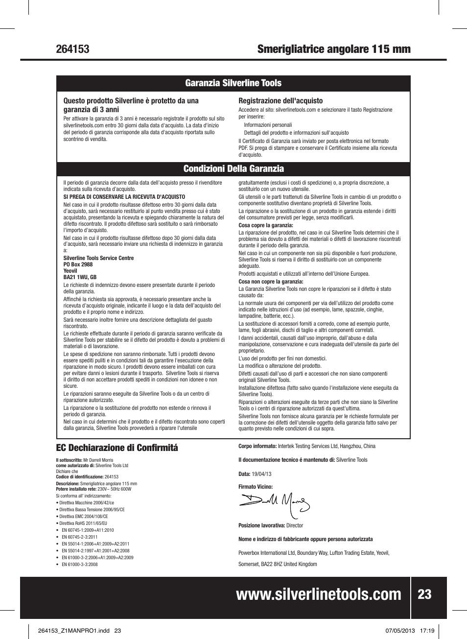 Ec dechiarazione di confirmitá | Silverline 500W Angle Grinder 115mm User Manual | Page 24 / 28