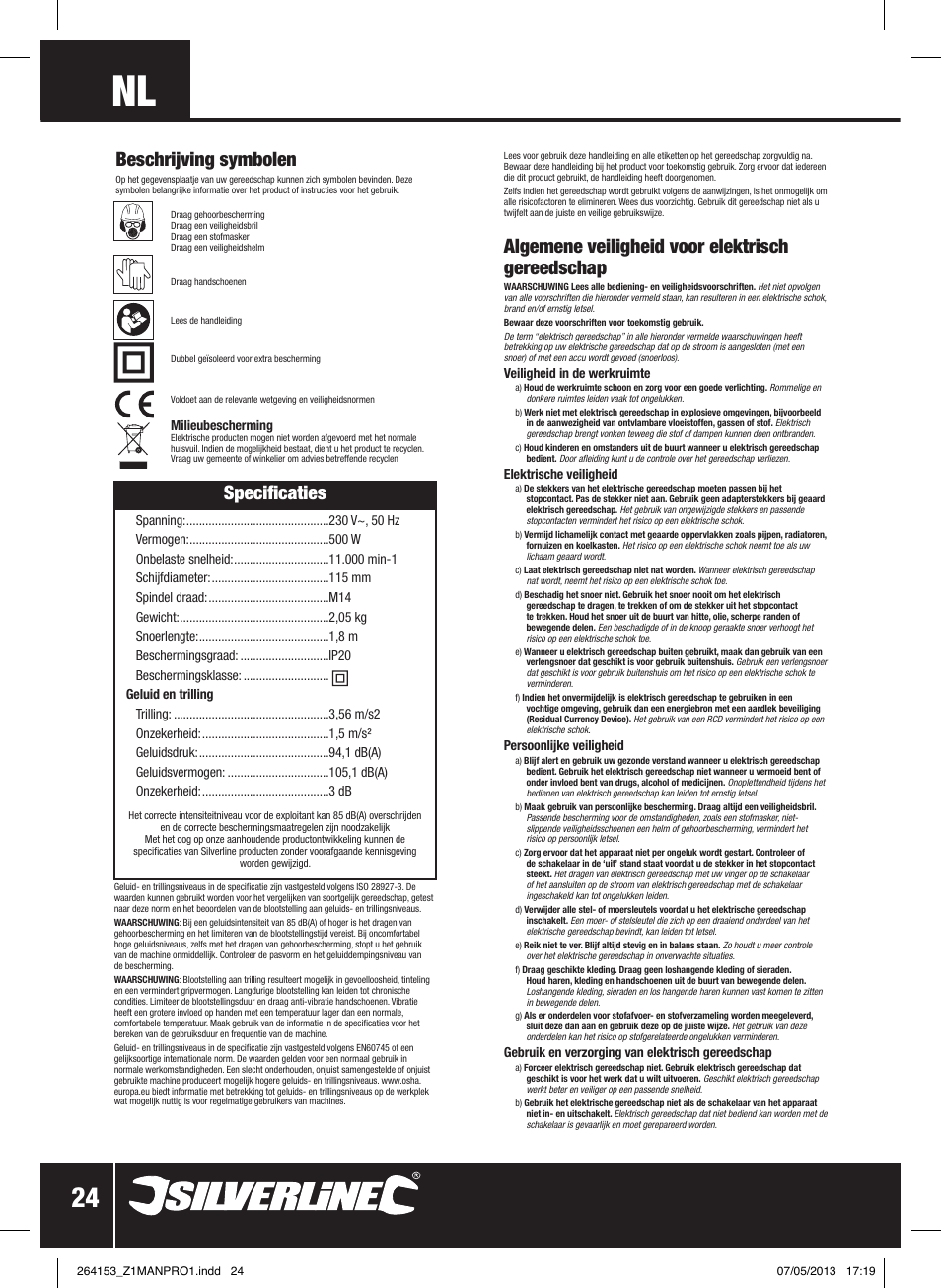 Specificaties, Algemene veiligheid voor elektrisch gereedschap, Beschrijving symbolen | Silverline 500W Angle Grinder 115mm User Manual | Page 25 / 28