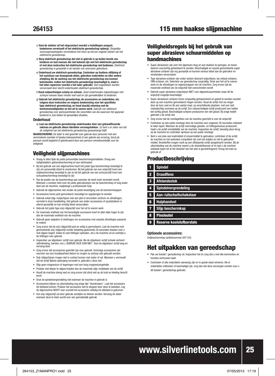 Het uitpakken van gereedschap, Veiligheid slijpmachines, Productbeschrijving | Silverline 500W Angle Grinder 115mm User Manual | Page 26 / 28