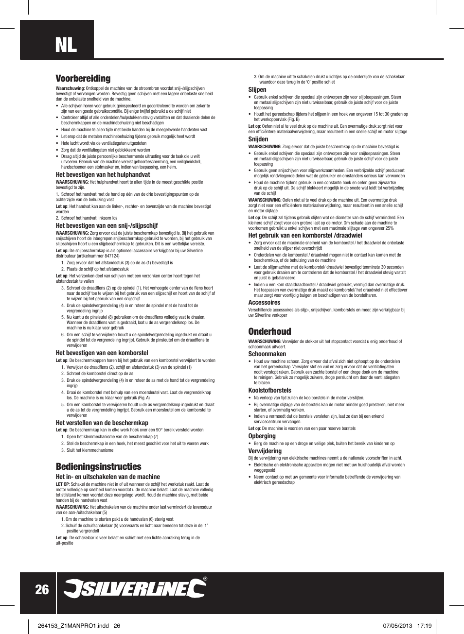Onderhoud, Voorbereiding, Bedieningsinstructies | Silverline 500W Angle Grinder 115mm User Manual | Page 27 / 28