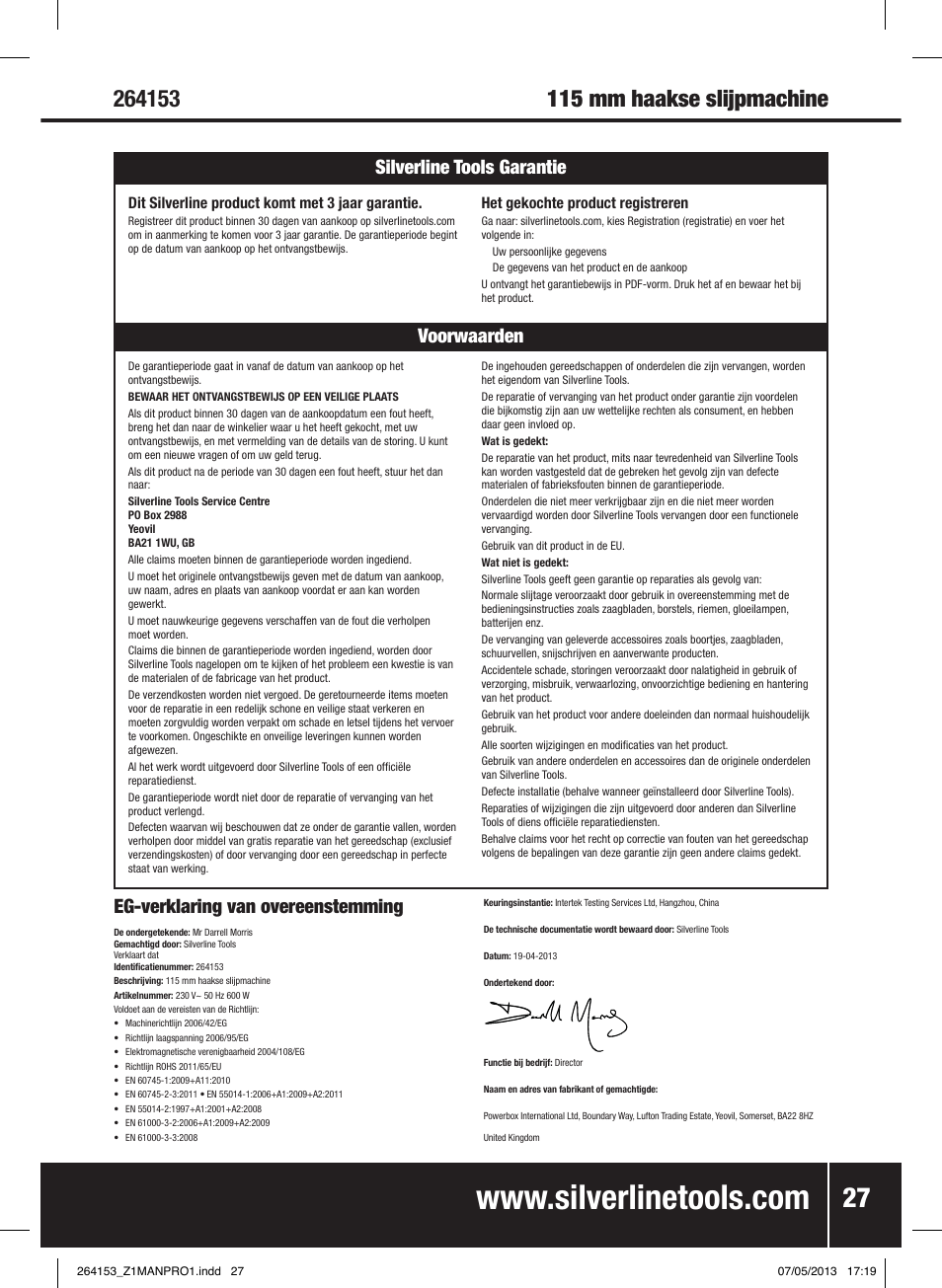 Eg-verklaring van overeenstemming, Voorwaarden silverline tools garantie | Silverline 500W Angle Grinder 115mm User Manual | Page 28 / 28