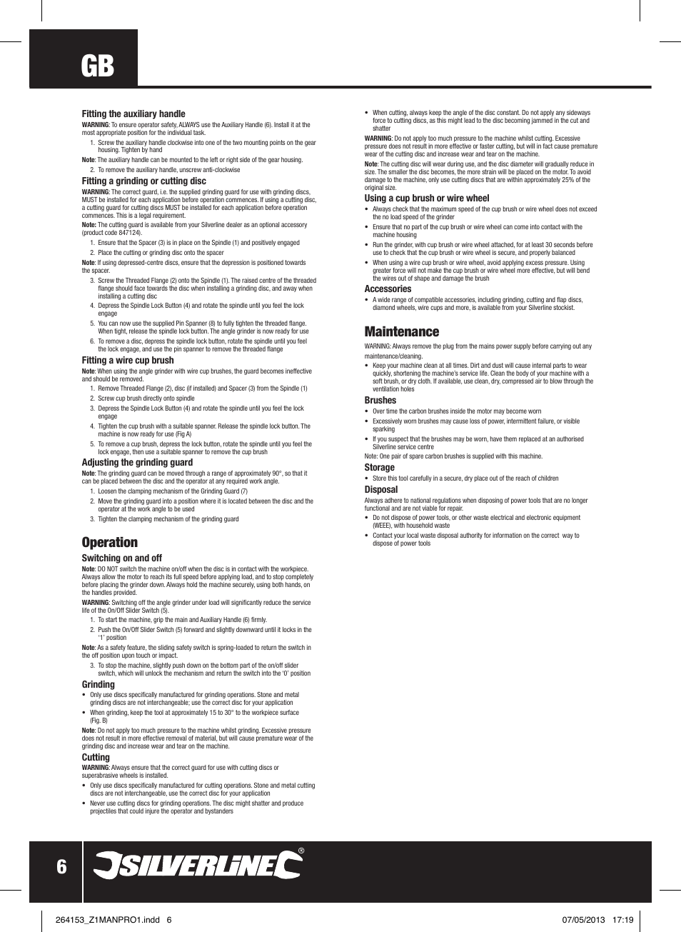 Operation, Maintenance | Silverline 500W Angle Grinder 115mm User Manual | Page 7 / 28