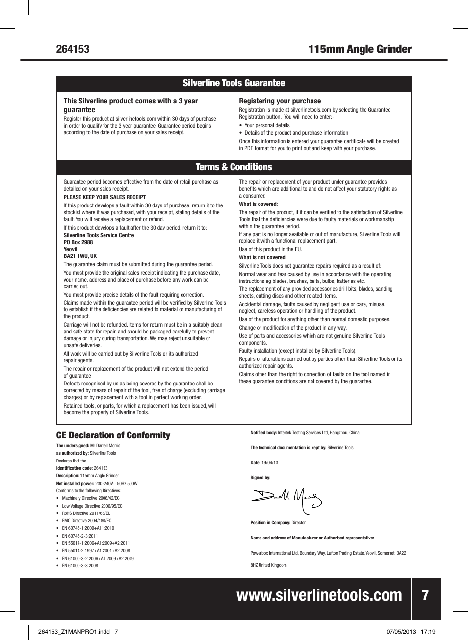 Ce declaration of conformity, Terms & conditions silverline tools guarantee | Silverline 500W Angle Grinder 115mm User Manual | Page 8 / 28