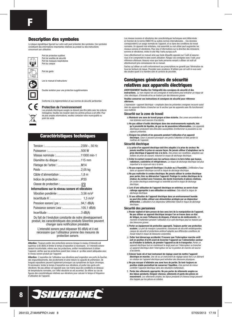 Caractéristiques techniques, Description des symboles | Silverline 500W Angle Grinder 115mm User Manual | Page 9 / 28