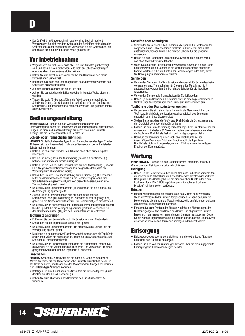 Vor inbetriebnahme, Bedienungsanleitung, Wartung | Entsorgung | Silverline 1800W Angle Grinder 230mm User Manual | Page 15 / 28