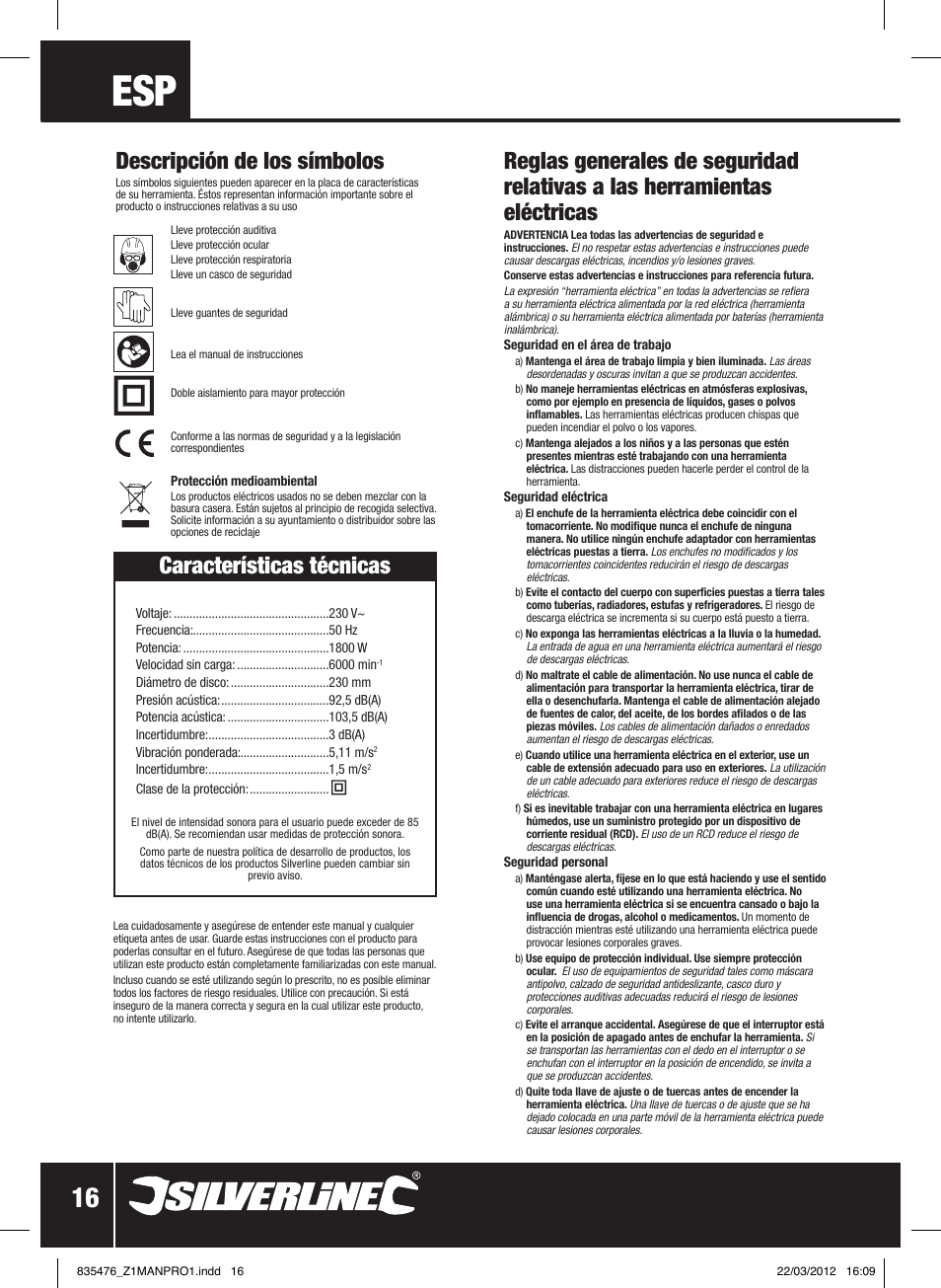 Características técnicas, Descripción de los símbolos | Silverline 1800W Angle Grinder 230mm User Manual | Page 17 / 28