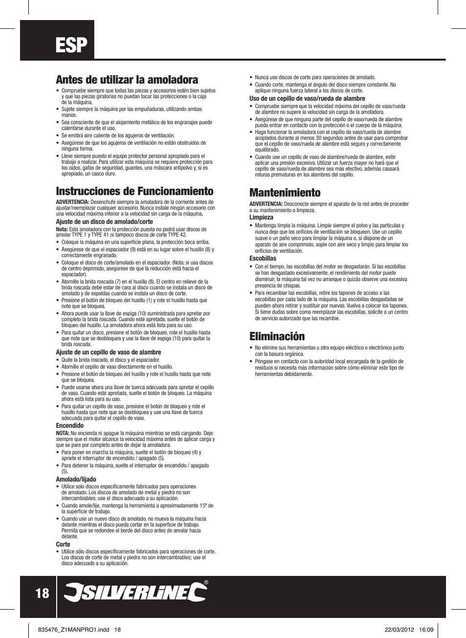 Antes de utilizar la amoladora, Instrucciones de funcionamiento, Mantenimiento | Eliminación | Silverline 1800W Angle Grinder 230mm User Manual | Page 19 / 28