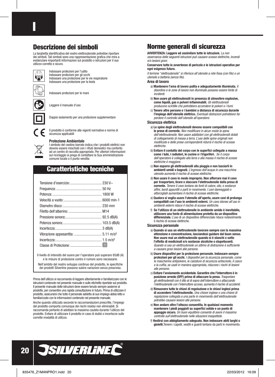 Norme generali di sicurezza, Caratteristiche tecniche, Descrizione dei simboli | Silverline 1800W Angle Grinder 230mm User Manual | Page 21 / 28