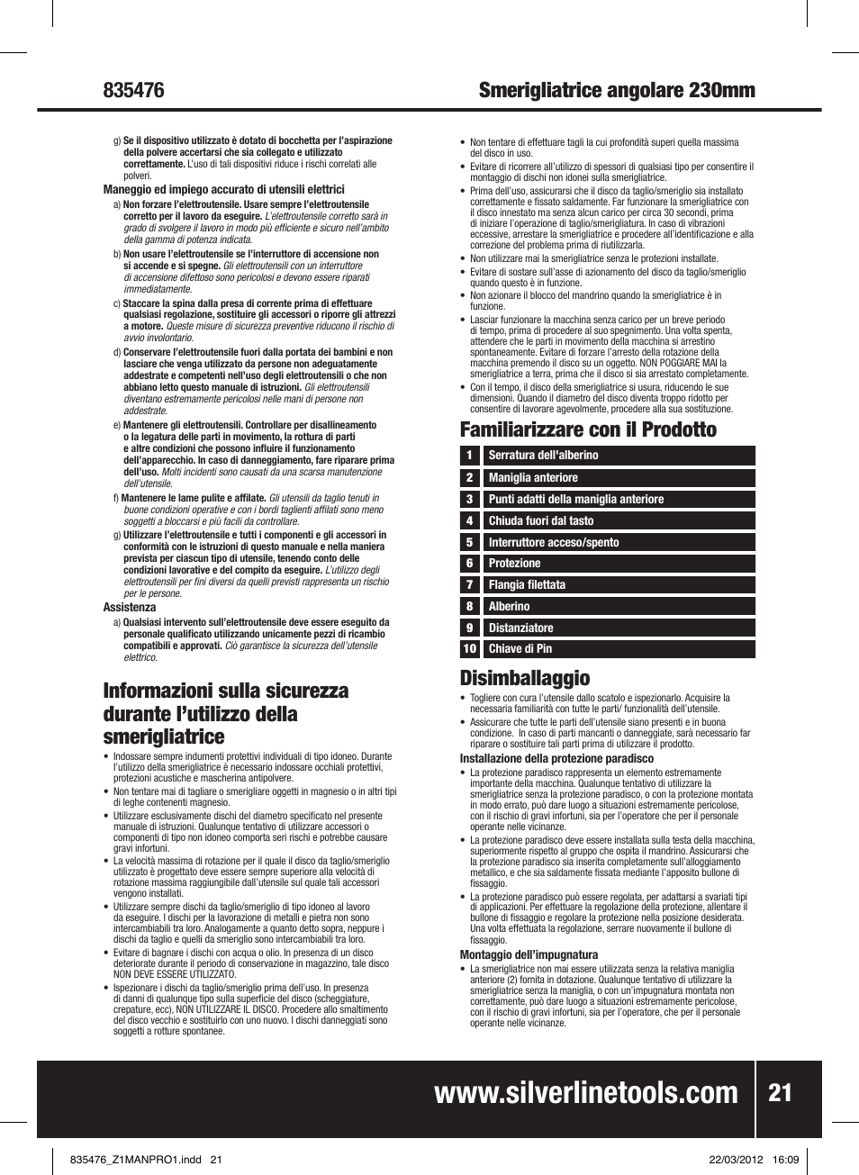 Familiarizzare con il prodotto disimballaggio | Silverline 1800W Angle Grinder 230mm User Manual | Page 22 / 28